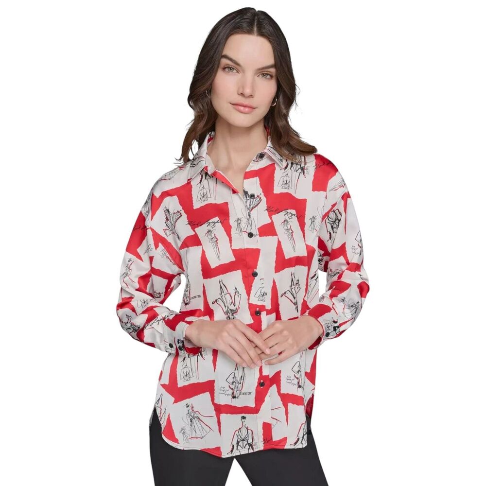 Karl Lagerfeld Paris Fashion Sketch Print Button Up Shirt Red White Size Medium